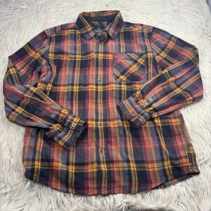 PrAna Men's M Plaid Woodman Flannel Shirt Black Orange Gray Cabincore Hiking